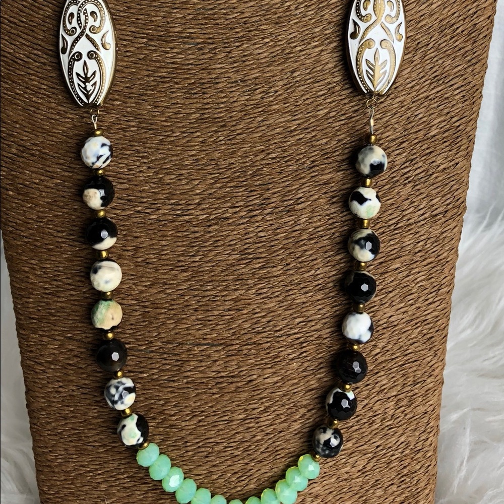 Art glass and metal bead brass chain necklace